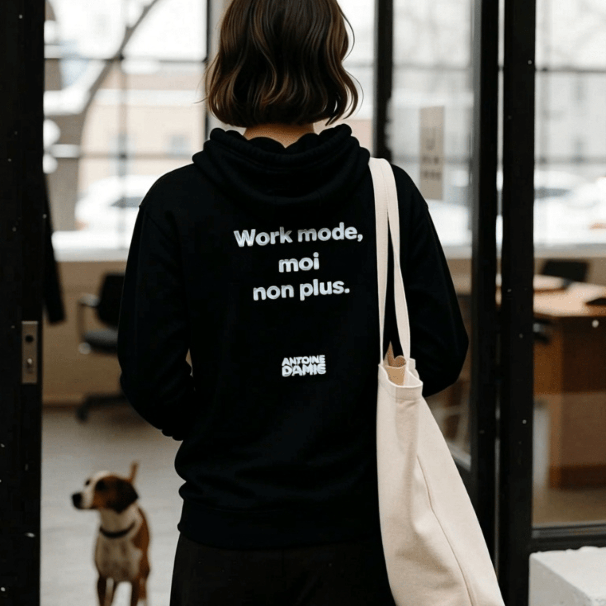 "WORK MODE, MOI NON PLUS." Embroidered Hoodie - Antoine D'Amie